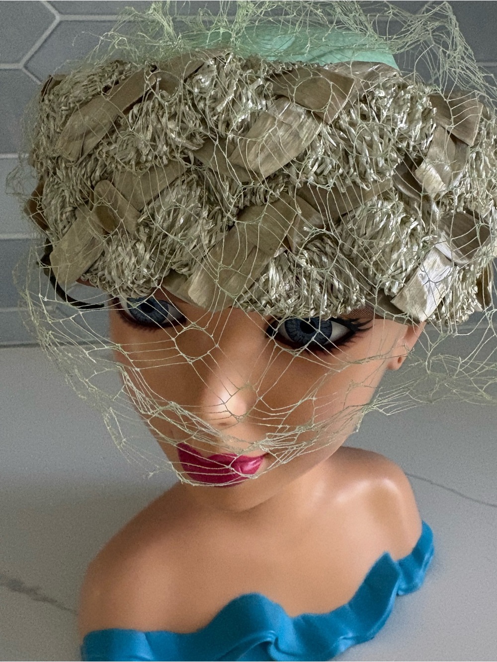 Vintage 1950s–1960s Wesco Sage Green Woven Straw Pillbox Hat with Birdcage Veil